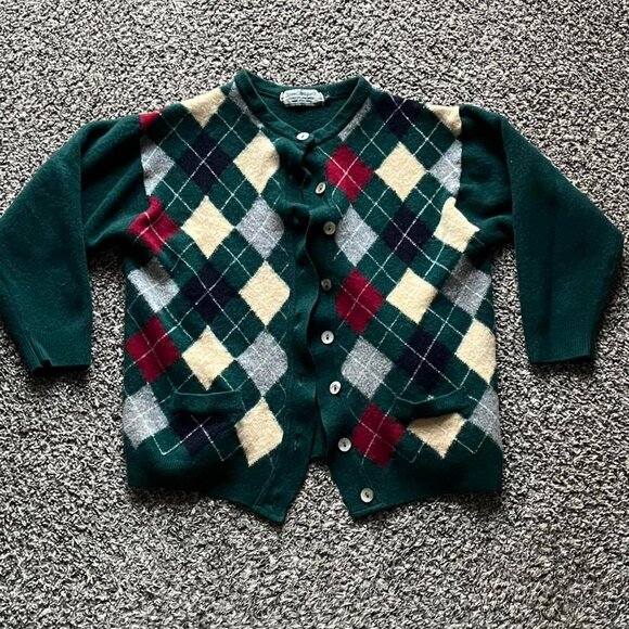 American Vintage Sweaters - Vintage 80s Lambswool Grandmacore 100% Wool Women L Argyle Button-up Cardigan